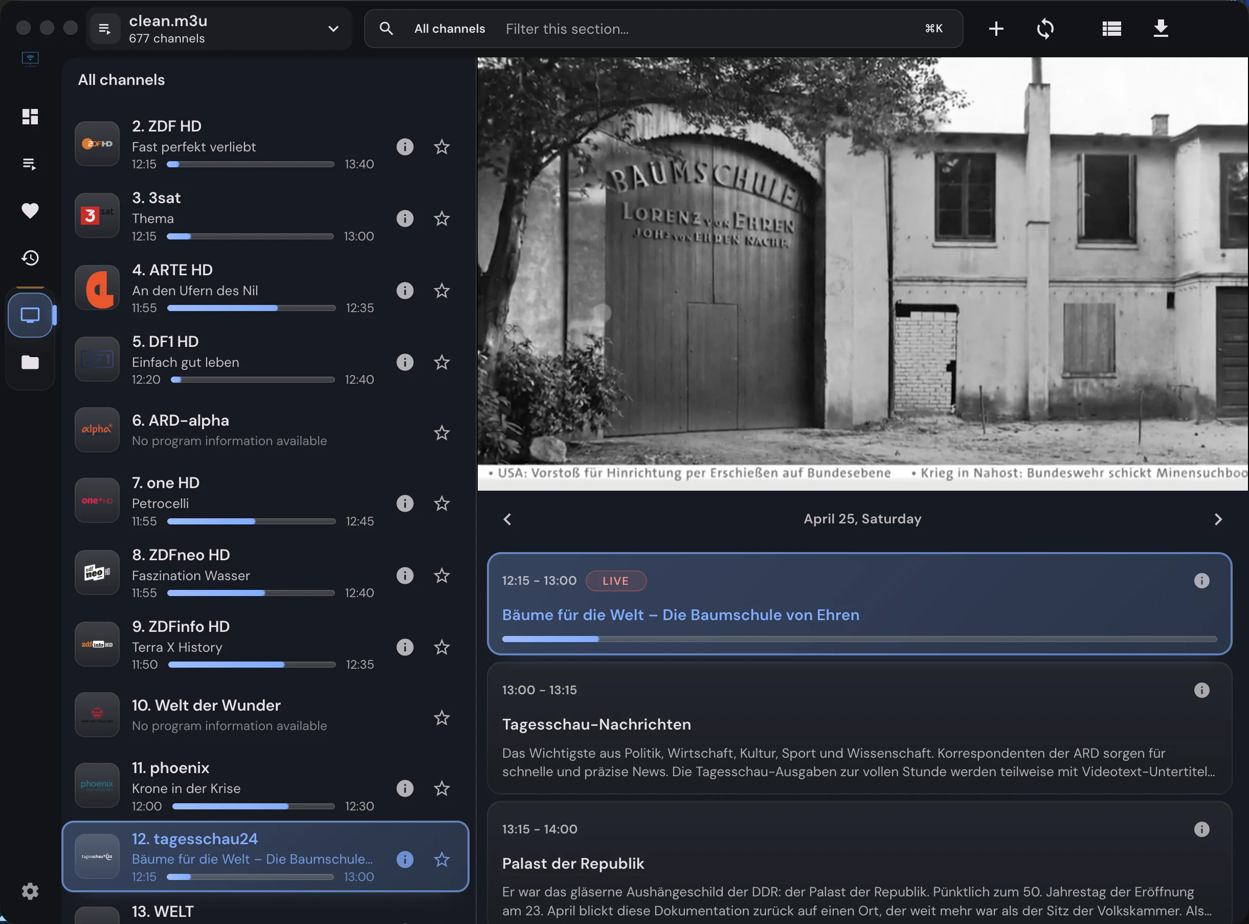 TXIPTV desktop app: channel list, live player, and EPG guide in the dark theme