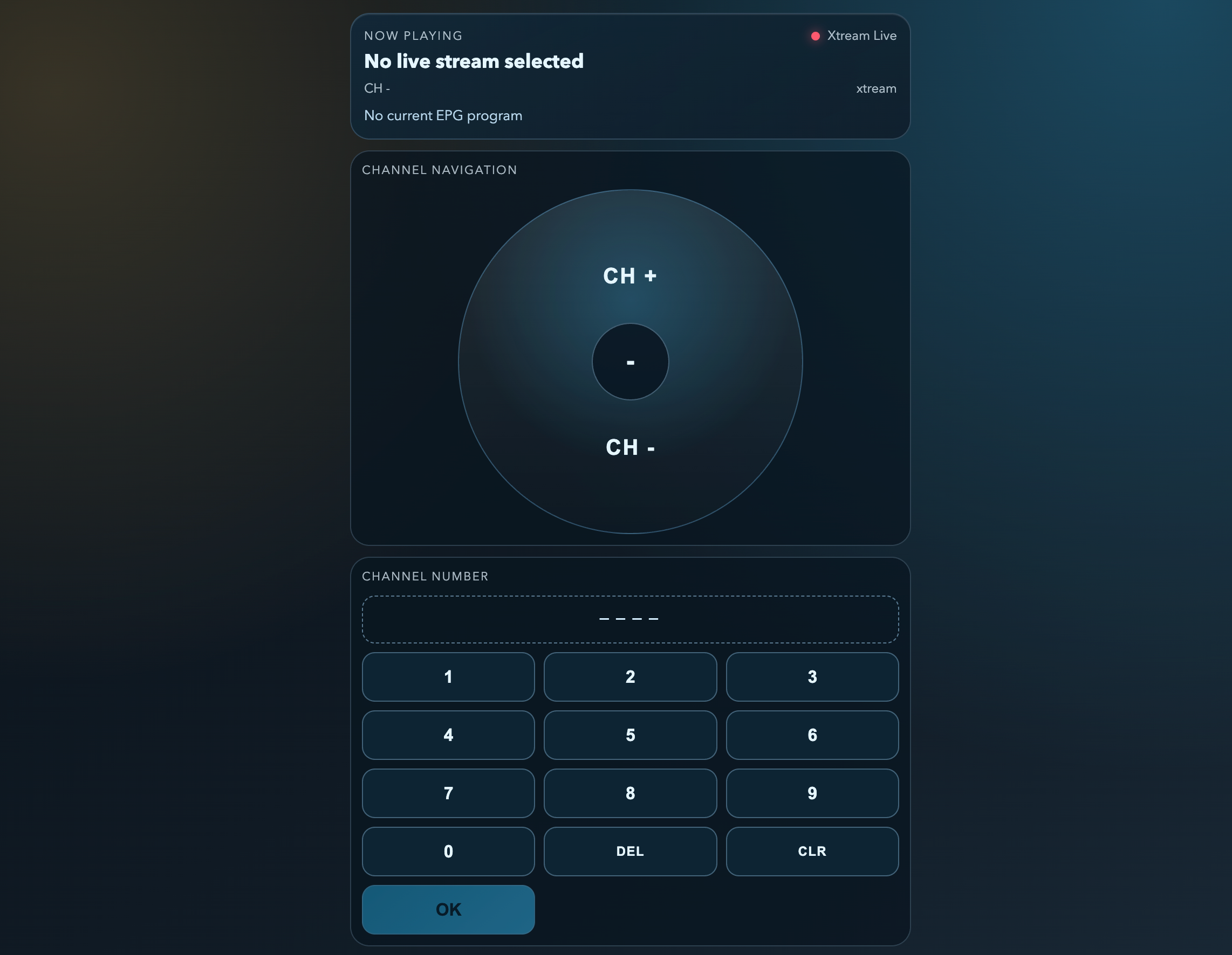 The web remote with a now-playing panel, channel navigation and a number pad